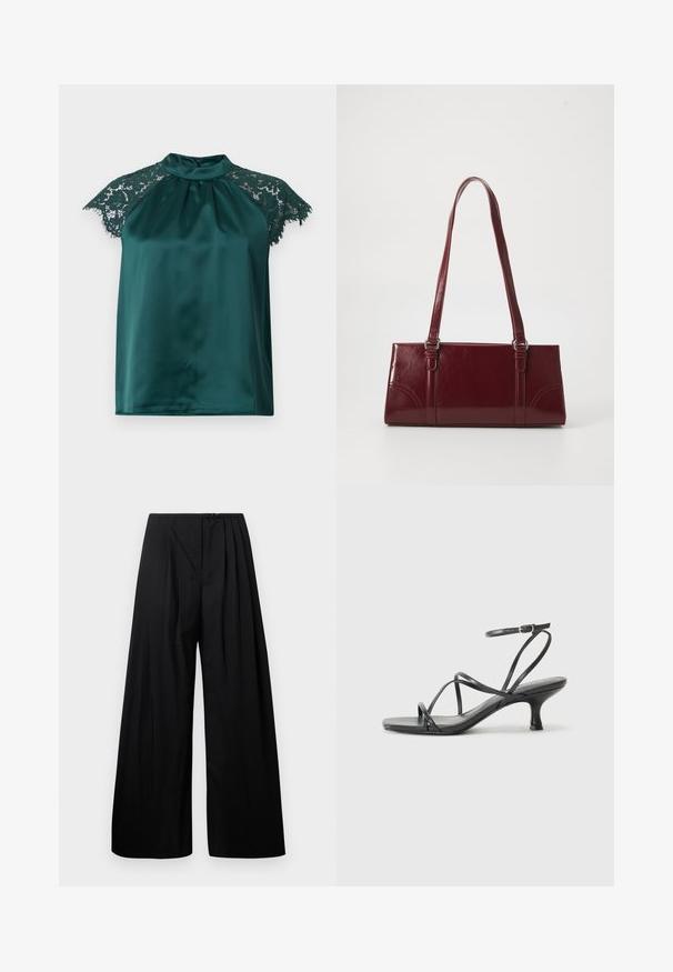 Blusa verde de satén con cuello alto, que presenta mangas cortas de encaje y un frente plisado. Textura suave con detalles en encaje.; Pantalones de pierna ancha negros con cintura alta, que cuentan con pliegues verticales y cierre de botón. Textura suave, diseño minimalista.; Sandalias negras de tacón con tiras finas, diseño de punta abierta y un pequeño tacón acampanado. El material parece suave y brillante.; Bolso burdeos hecho de material brillante, de forma rectangular, con dos asas para el hombro y sutiles acentos curvados en la parte frontal.