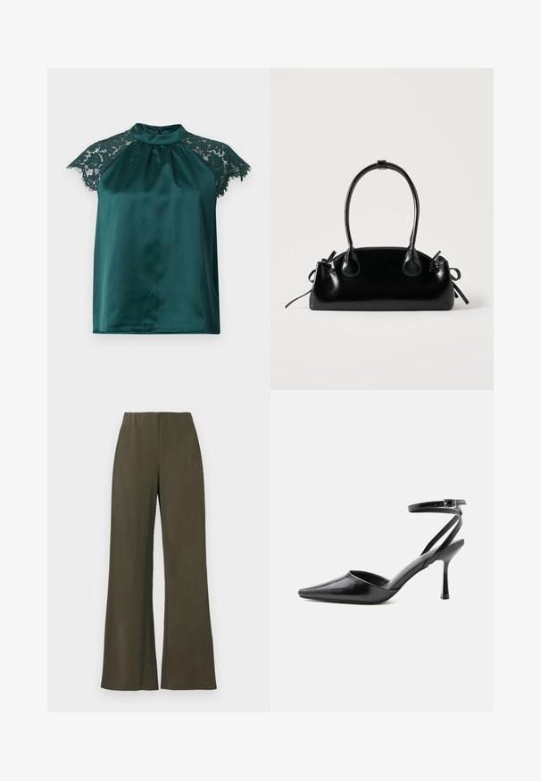 Groene satijnen blouse met een staande kraag, voorzien van kanten kapmouwen en een geplooide voorkant. Soepele textuur met gedetailleerde kanten accenten.; Olijfgroene wijde broek met een elastische tailleband, gladde stof en zonder zakken, met een schoon, minimalistich ontwerp.; Zwarte pumps met puntige neus, dunne enkelbandjes en een zilveren gesp op een effen lichte achtergrond.; Kleine zwarte glanzende handtas met twee lange hengsels en zijkant trekkoord details op een effen lichte achtergrond.