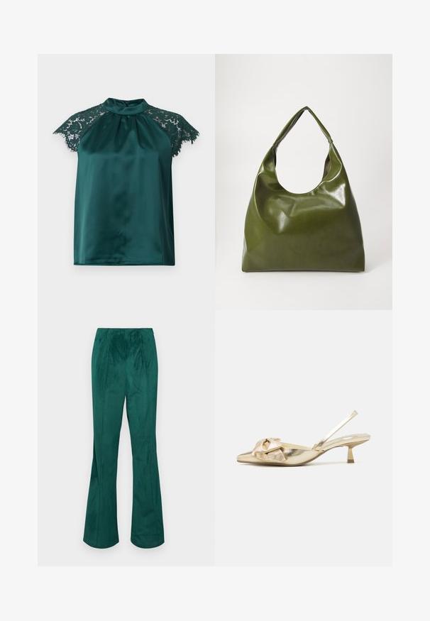 Blusa verde de satén con cuello alto, que presenta mangas cortas de encaje y un frente plisado. Textura suave con detalles en encaje.; Pantalones acampanados de pana verde con cinturilla elástica y textura de canalé vertical. Presenta un corte recto desde la cintura hasta el dobladillo.; Zapatos slingback metálicos dorados con punta afilada, que presentan un acabado texturizado, un detalle de lazo decorativo y un tacón cuadrado bajo.; Bolsa hobo verde de cuero con un diseño suave, asa curvada y textura lisa. No contiene hardware visible ni acentos.