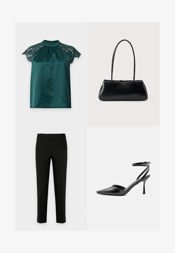 Groene satijnen blouse met een staande kraag, voorzien van kanten kapmouwen en een geplooide voorkant. Soepele textuur met gedetailleerde kanten accenten.; Zwarte slim-fit broek, met een vlakke voorkant, zijzakken en een soepele textuur. Ontworpen met een gemiddelde taillehoogte en taps toelopende pijpen.; Zwarte pumps met puntige neus, dunne enkelbandjes en een zilveren gesp op een effen lichte achtergrond.; Zwarte rechthoekige schoudertas met lange dunne banden en een gladde, glanzende textuur op een effen achtergrond.