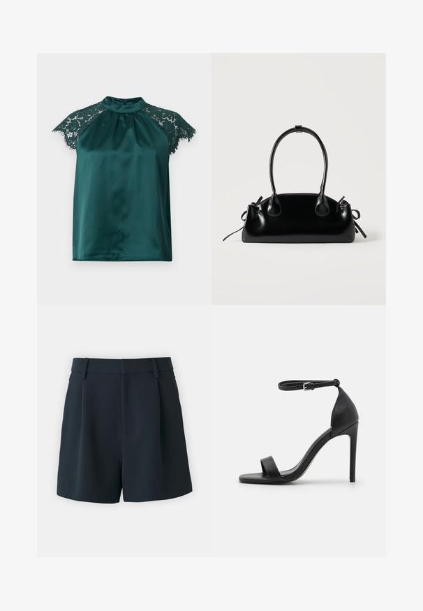 Blouse en satin vert avec un col montant, dotée de manches en dentelle et d'un devant plissé. Texture lisse avec des accents en dentelle détaillés.; Good American LUXE SUITING TROUSER - Short - dunkelblau; Sandale noire à talons hauts au design épuré, avec une bride au niveau de la cheville, un bout ouvert et une texture en cuir lisse.; Petit sac à main noir brillant avec deux longues anses et des détails à cordon sur les côtés sur un fond clair uni.