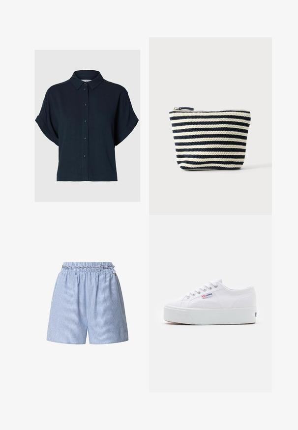 Dunkelblaues kurzärmeliges Hemd mit einem Kragen, Knopfleiste und glatter Textur. Es hat einen lockeren Schnitt mit umgeschlagenen Bündchen und keine Muster.; Gestreifte blaue Shorts mit einem elastischen Taillenbund und geflochtenem Kordelzug. Verfügt über vertikale weiße Streifen und ein entspanntes Design.; Weiße Leinenschuhe mit einer dicken weißen Plattformsohle, runder Zehenpartie und Metallösen für die Schnürsenkel. Markenlogo an der Seite angebracht.; Kleines Reißverschlusstäschchen mit horizontalen schwarz-weißen Strickstreifen, flachem Boden und sichtbarem Zipper oben.