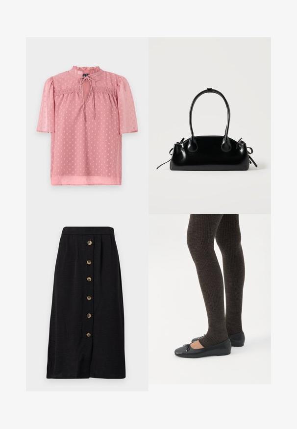Blouse rose clair avec des manches courtes bouffantes, un col froncé et une texture légère. Présente un décolleté en forme de trou de serrure et un motif à pois sur l'ensemble.; Jupe midi noire en tissu texturé, dotée d'une fermeture à boutons sur le devant comprenant cinq boutons en bronze et d'une coupe droite.; Jambes portant des leggings côtelés foncés associés à des ballerines noires avec de petits détails en nœud sur fond blanc.; Petit sac à main noir brillant avec deux longues anses et des détails à cordon sur les côtés sur un fond clair uni.