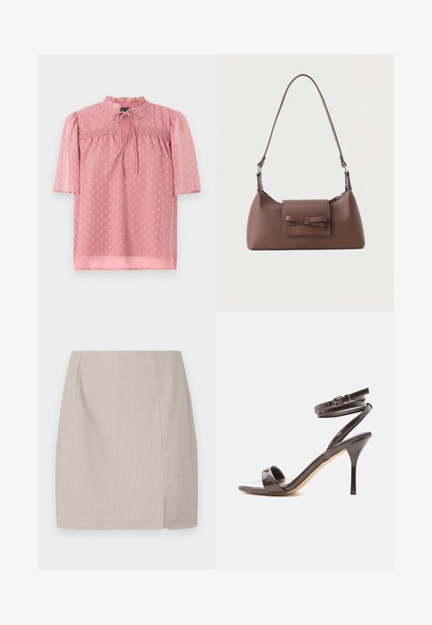 Blouse rose clair avec des manches courtes bouffantes, un col froncé et une texture légère. Présente un décolleté en forme de trou de serrure et un motif à pois sur l'ensemble.; Jupe crayon beige avec une texture rayée, une coupe droite et une fente sur le côté pour plus de mouvement. Fabriquée en tissu léger.; Sandale à talon haut en cuir verni marron foncé avec une fine bride autour de la cheville et un bout ouvert sur fond blanc.; Sac à bandoulière en cuir marron avec une poche à rabat avant ornée d'un détail en forme de nœud cousu et une sangle réglable.
