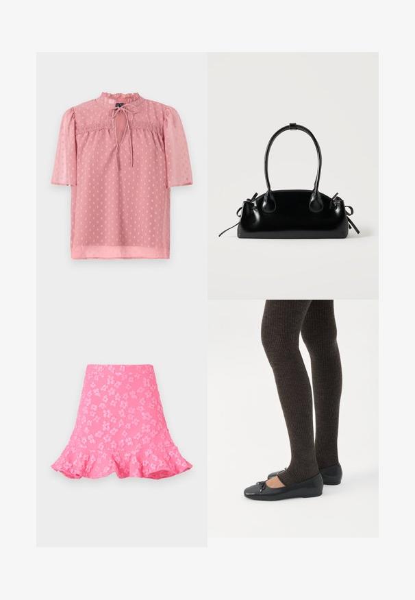 Blusa rosa claro con mangas cortas abullonadas, un escote con volantes y textura translúcida. Presenta un delantero con abertura en forma de llave y un patrón de lunares en toda su superficie.; Falda rosa de corte acampanado que presenta patrones florales en relieve, un dobladillo con volantes y una textura suave. Longitud por encima de la rodilla con una cinturilla ajustada.; Piernas con leggings oscuros acanalados combinados con bailarinas negras que presentan pequeños detalles de lazo sobre un fondo blanco.; Pequeño bolso negro brillante con dos asas largas y detalles de cordón lateral sobre un fondo claro liso.