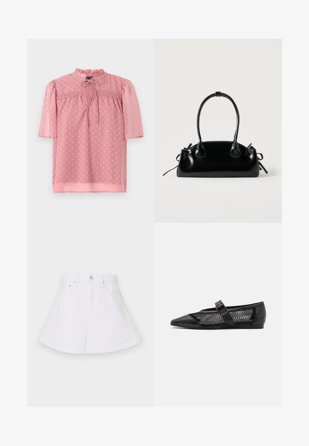 Blouse rose clair avec des manches courtes bouffantes, un col froncé et une texture légère. Présente un décolleté en forme de trou de serrure et un motif à pois sur l'ensemble.; Jupe en denim blanc au design évasé, avec une taille ajustée, cinq poches et une fermeture à bouton à l'avant. Texture lisse.; Chaussure plate noire avec un bout pointu, panneaux latéraux en maille et une sangle avec une boucle décorative. Fini lisse sur les sections du bout et du talon.; Petit sac à main noir brillant avec deux longues anses et des détails à cordon sur les côtés sur un fond clair uni.