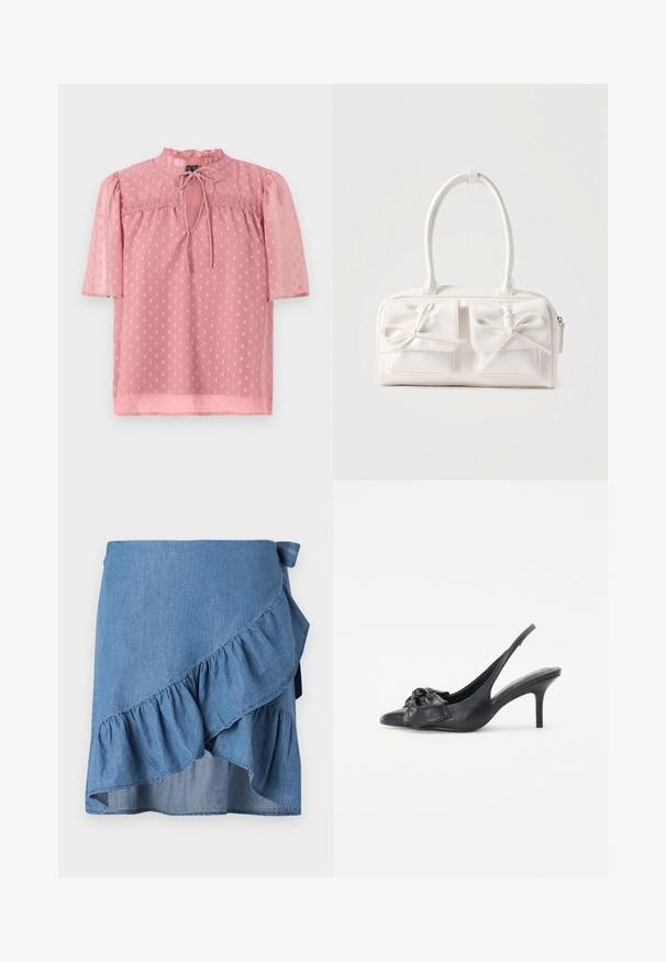 Blouse rose clair avec des manches courtes bouffantes, un col froncé et une texture légère. Présente un décolleté en forme de trou de serrure et un motif à pois sur l'ensemble.; Jupe portefeuille en denim bleu clair, avec un ourlet à volants et un détail à nouer à la taille. Texture lisse et silhouette fluide.; Escarpin à talons hauts en cuir noir, avec un bout pointu et un détail en nœud à l'avant, doté d'un talon fin et effilé.; Sac à main synthétique blanc avec deux poches avant, chacune ornée d'un nœud noué. Texture lisse, anses arrondies et fermeture zippée.