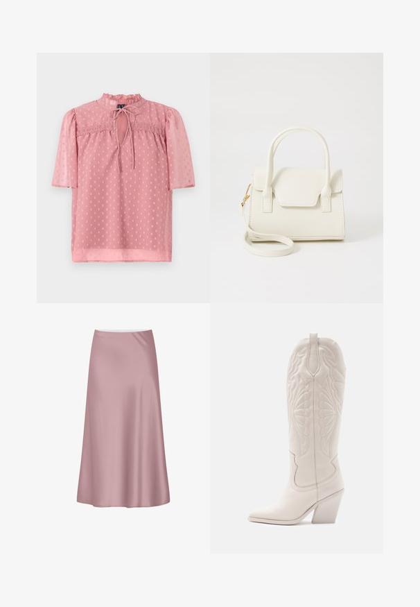 Helles rosa Bluse mit kurzen Puffärmeln, einem fransigen Ausschnitt und transparenter Textur. Verfügt über einen Schlüssellochausschnitt vorne und ein durchgehendes Punktmuster.; Sanfter rosa Satin-Midirock mit A-Linien-Silhouette und glattem, fließendem Stoff.; Weiße Leder-Cowboystiefel mit spitzer Zehe und blockiertem Absatz. Sie verfügen über aufwendige Steppmuster am Schaft und eine glatte Textur.; Kleine weiße Handtasche mit doppelten Griffen, Frontklappe und abnehmbarem Schulterriemen mit goldener Schnalle vor weißem Hintergrund.