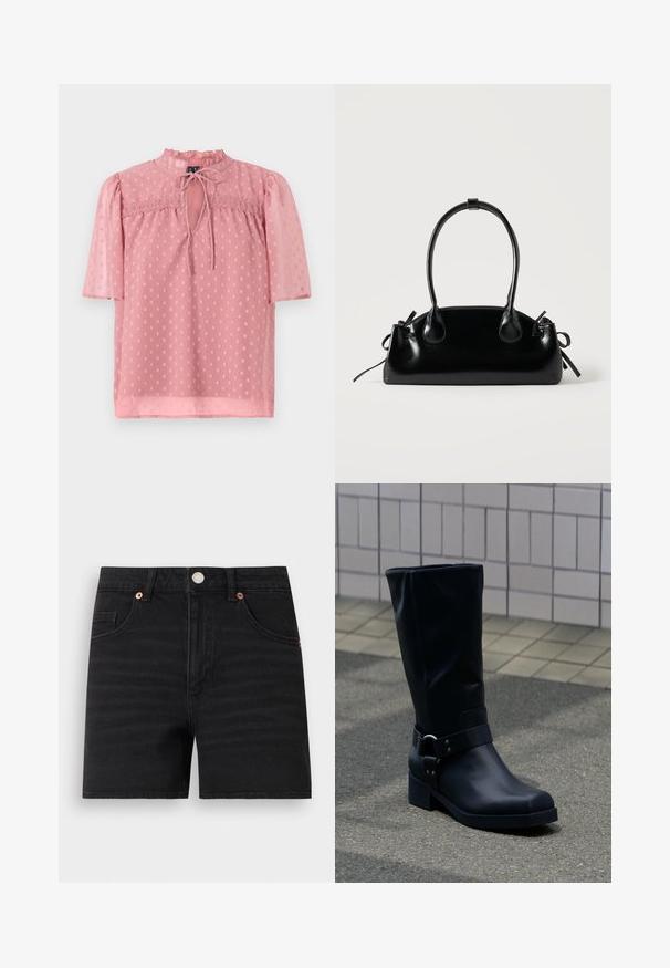 Helles rosa Bluse mit kurzen Puffärmeln, einem fransigen Ausschnitt und transparenter Textur. Verfügt über einen Schlüssellochausschnitt vorne und ein durchgehendes Punktmuster.; Schwarze Denim-Shorts mit vorne liegendem Knopfverschluss, Gürtelschlaufen, zwei vorderen Taschen und einer kleinen Münztasche, flach auf weißem Hintergrund.; Schwarzer Lederstiefel bis zur Mitte der Wade mit niedrigem Blockabsatz und dekorativem Riemen mit Metallschnalle um den Knöchel, auf einem gefliesten Gehweg.; Kleine schwarze glänzende Handtasche mit zwei langen Griffen und seitlichen Kordelzug-Details vor einfachem hellem Hintergrund.