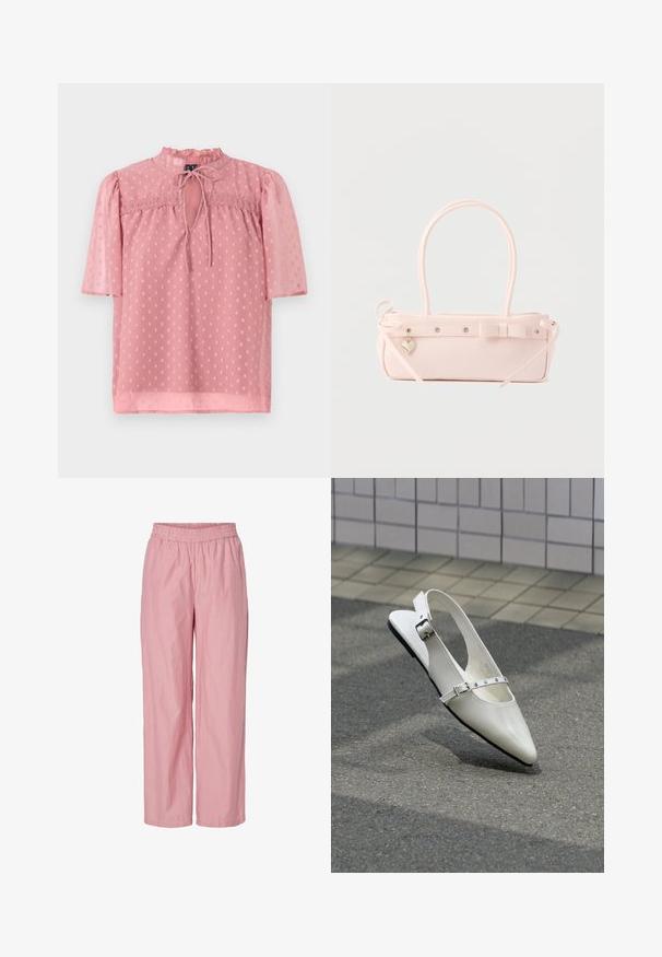 Helles rosa Bluse mit kurzen Puffärmeln, einem fransigen Ausschnitt und transparenter Textur. Verfügt über einen Schlüssellochausschnitt vorne und ein durchgehendes Punktmuster.; Rosa gestreifte weit geschnittene Hose mit elastischem Bund. Hergestellt aus leichtem Stoff mit glatter Textur. Enthält subtile vertikale Streifen.; Weißer spitzer Slingback-Slipper mit zwei silbernen Schnallen, abgebildet im Freien auf strukturiertem Boden und gefliester Wand im Hintergrund.; Blassrosa rechteckige Handtasche mit doppelten Griffen, dekorativer Schleife, Metallösen und kleinem herzförmigem Anhänger vor einfarbigem Hintergrund.