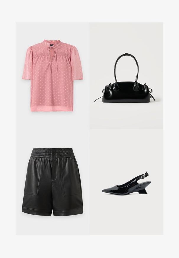 Lichtroze blouse met korte pofmouwen, een gerimpelde halslijn en een doorschijnende textuur. Kenmerkt zich door een sleutelgat aan de voorkant en een stippenpatroon overal.; Zwarte neplederen shorts met elastische tailleband, voorste drukknoop, grote voorzakken en rechte zoom.; Zwarte lakleren slingback schoen met spitse neus en lage schuine blokhak op een effen lichte achtergrond.; Kleine zwarte glanzende handtas met twee lange hengsels en zijkant trekkoord details op een effen lichte achtergrond.