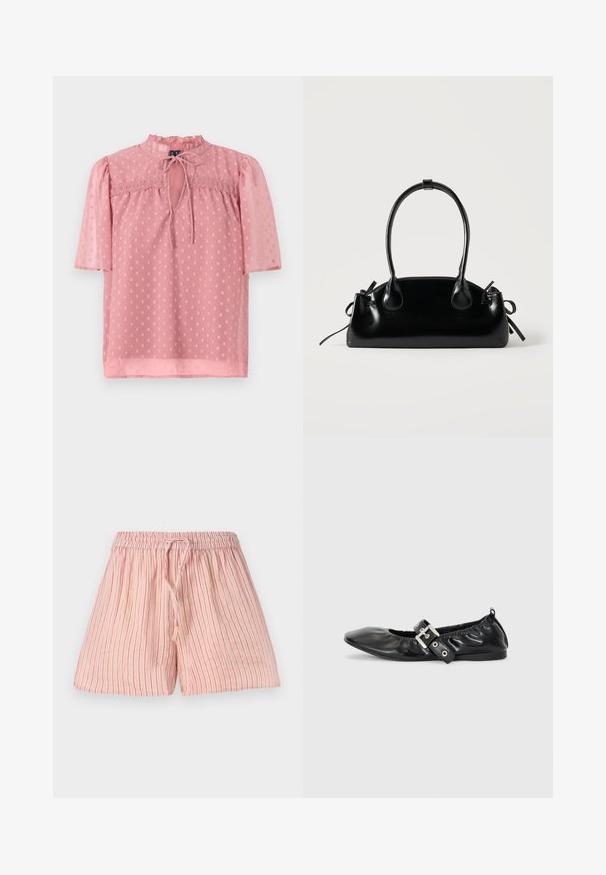Blouse rose clair avec des manches courtes bouffantes, un col froncé et une texture légère. Présente un décolleté en forme de trou de serrure et un motif à pois sur l'ensemble.; Shorts rose clair avec des rayures verticales rouges, fabriqués en tissu doux. Dotés d'une taille élastique avec un cordon de serrage pour un ajustement.; Chaussure plate en cuir noir avec un nez pointu, des détails froncés autour de l'ouverture et un accent en boucle argentée sur la bride ajustable.; Petit sac à main noir brillant avec deux longues anses et des détails à cordon sur les côtés sur un fond clair uni.