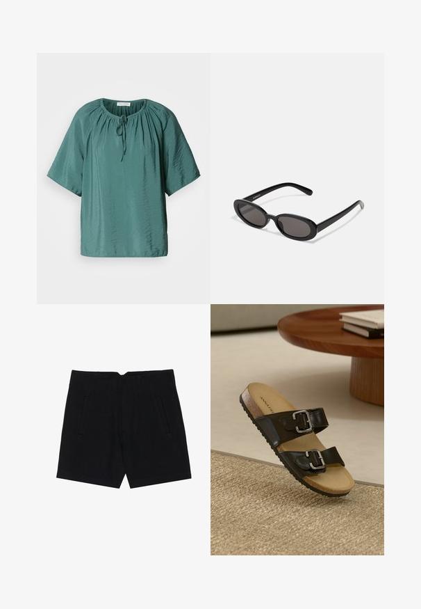 Blusa corta de manga corta en color verde azulado con escote redondo, cordón ajustable y textura ligeramente arrugada. Tejido ligero con un corte relajado.; Pantalones cortos negros de tejido suave, con bolsillos laterales, un ajuste entallado y pliegues estructurados en la parte frontal para una silueta limpia.; Sandalia negra de dos tiras con hebillas plateadas, plantilla de corcho y suela de goma. Acabado mate en las tiras, exhibida sobre una superficie texturizada y tejida.; Even&Odd Gafas de sol - black