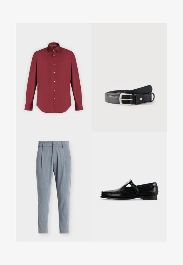 Chemise habillée bordeaux à manches longues, boutonnée, avec un col pointu et des boutons blancs, présentée à plat sur un fond clair.; Pantalon bleu clair fuselé avec une ceinture élastique, des passants pour ceinture, un bouton à l'avant et des plis de chaque côté.; Mocassin homme en cuir noir avec surpiqûres moc toe et bride réglable sur le cou-de-pied, présenté en profil latéral sur fond clair.; Ceinture en cuir noir avec boucle rectangulaire argentée enroulée sur un fond blanc uni.