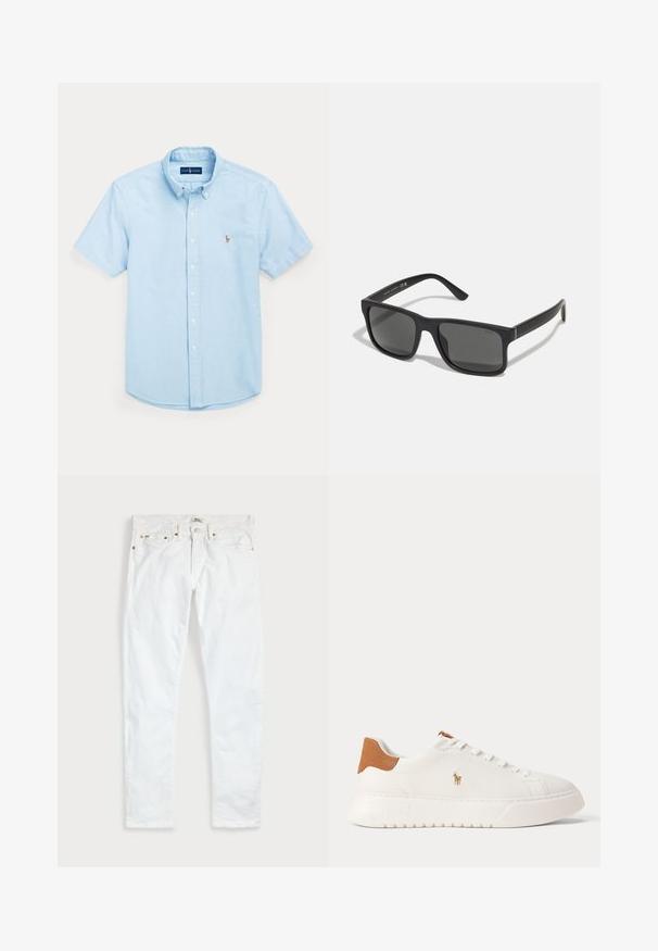 Camisa azul claro de manga corta con botones, cuello abotonado y pequeño logo bordado en el pecho izquierdo.; Vaqueros blancos de corte ajustado con cinco bolsillos, cierre de botones y trabillas para cinturón, extendidos sobre un fondo liso y claro.; Zapatilla blanca de caña baja con lengüeta trasera en color marrón claro, cordones blancos y un pequeño logo bordado de jugador de polo en el lateral sobre una suela gruesa.; Gafas de sol rectangulares negras con lentes oscuros y acabado mate. Presentan un logotipo "POLO" grabado en las patillas y un diseño de marco resistente.