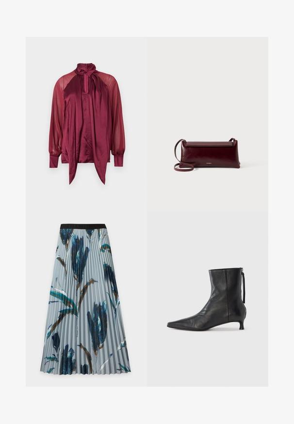 Blouse bordeaux à manches longues avec manches transparentes, devant en satin, col montant et détail d'un nœud noué au col.; Jupe midi plissée avec ceinture élastique noire et grands motifs floraux abstraits bleu, sarcelle et marron sur tissu gris clair.; Bottine en cuir noir à bout pointu, forme structurée et petit talon. Dispose d'une fermeture éclair latérale et d'un design minimaliste.; Sac à bandoulière en cuir bordeaux avec une texture lisse, de forme rectangulaire, fermeture à rabat et une fine sangle réglable. Détail du logo doré visible.