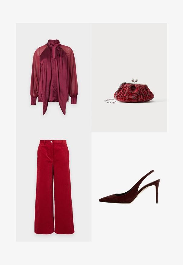 Blusa de manga larga color burdeos con mangas transparentes, frente de satén, cuello alto y detalle de lazo atado en el cuello.; Pantalones de pana anchos rojos con un tejido texturizado, que presentan un cierre de botón clásico y una cintura alta. Acabado suave con canalones verticales.; Zapato de tacón slingback de ante rojo oscuro con punta afilada y tacón de aguja, vista lateral sobre un fondo blanco.; Pequeño bolso de mano rojo con cuentas, cierre plateado y correa de cadena sobre un fondo blanco liso.