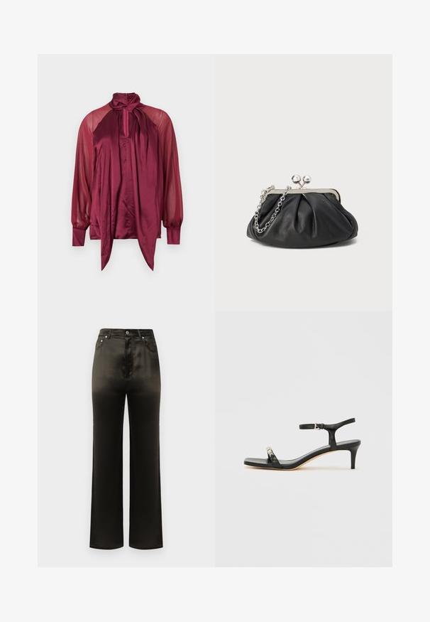 Blouse bordeaux à manches longues avec manches transparentes, devant en satin, col montant et détail d'un nœud noué au col.; Pantalon large en satin noir avec une taille haute, doté de poches latérales et d'accents en boutons métalliques. Texture lisse et design épuré.; Sandale noire en cuir à talon avec bride à la cheville, bout ouvert, devant carré et accent en métal argenté. Design ajusté avec un profil élégant.; Porte-monnaie en cuir noir avec texture froncée, cadre en métal argenté, fermeture à verrouillage kiss-lock et bandoulière en chaîne. Surface lisse et douce.