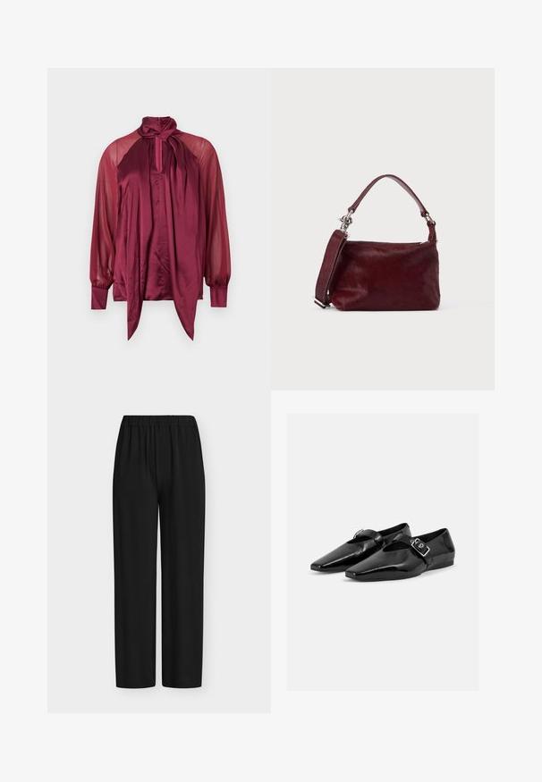 Blouse bordeaux à manches longues avec manches transparentes, devant en satin, col montant et détail d'un nœud noué au col.; Pantalon noir avec taille élastique, coupe droite, fabriqué en tissu lisse, présenté à plat sur un fond blanc.; Paire de chaussures plates en cuir verni noir à bouts pointus avec une bride à boucle sur le dessus, montrée sur un fond clair uni.; Petit sac à main rectangulaire bordeaux avec finition texturée, poignée courte et bandoulière amovible sur un fond clair uni.