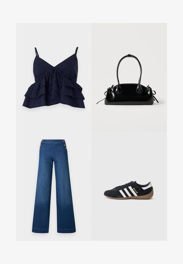 Haut en tissu bleu marine avec des bretelles spaghetti réglables, présentant un corps froncé et trois couches de volants à l'ourlet.; Pantalon en denim bleu foncé à jambes larges. Il présente un devant plat avec cinq boutons dorés pour la fermeture. Texture lisse avec une finition classique.; Baskets en daim noir avec trois bandes blanches, semelle en caoutchouc beige, et un petit logo doré sur le côté. Dotées d'une doublure intérieure noire lisse.; Petit sac à main noir brillant avec deux longues anses et des détails à cordon sur les côtés sur un fond clair uni.
