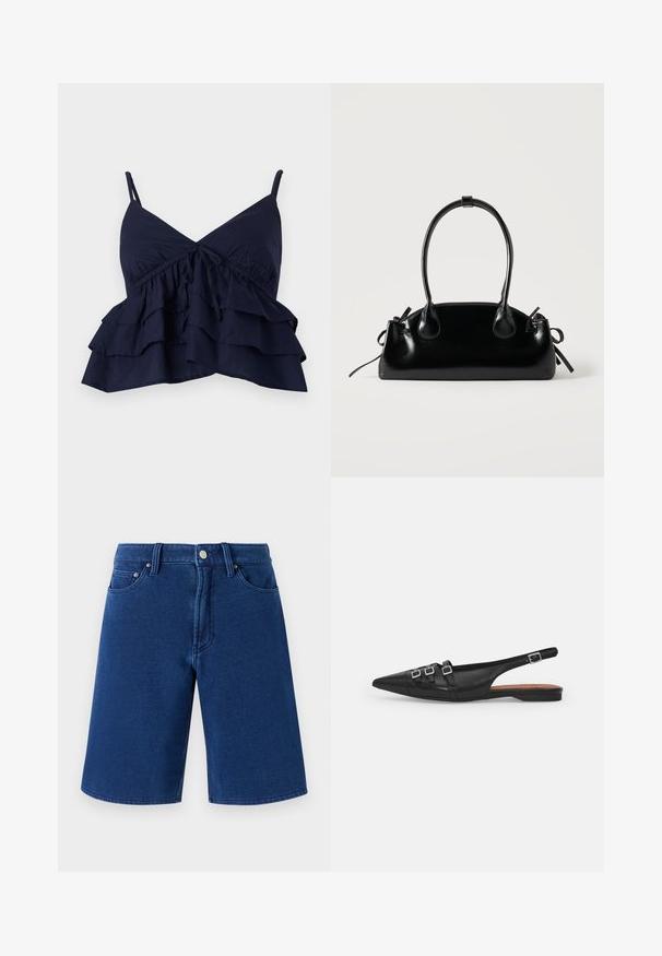 Haut en tissu bleu marine avec des bretelles spaghetti réglables, présentant un corps froncé et trois couches de volants à l'ourlet.; Shorts en denim bleu avec une coupe droite, design à cinq poches, et une taille visible avec un bouton en métal et des passants de ceinture.; Chaussure plate noire en cuir avec un bout pointu, dotée de deux lanières horizontales et de boucles carrées en argent, avec un faible talon et une texture lisse.; Petit sac à main noir brillant avec deux longues anses et des détails à cordon sur les côtés sur un fond clair uni.