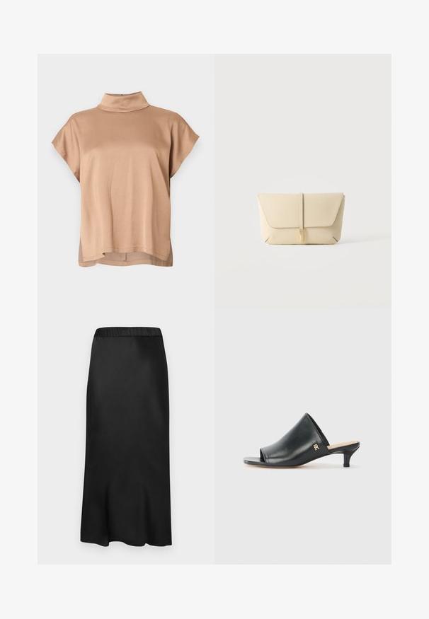Kortärmelig top van lichtbruin stof, met een hoge kraag, losse pasvorm en een zoom die iets langer is aan de achterkant. Soepele textuur.; Zwarte, satijnen midi-skirt met een elastische tailleband. Gladde textuur en eenvoudig ontwerp, dat iets taps toeloopt aan de zoom voor een vloeiende silhouet.; Zwarte leren open teen muiltjes met een lage hak. Heeft een glad oppervlak en een gouden logo accent aan de zijkant.; Beige leren clutch met een voorflap en een verticale riemsluiting, tegen een effen lichte achtergrond.