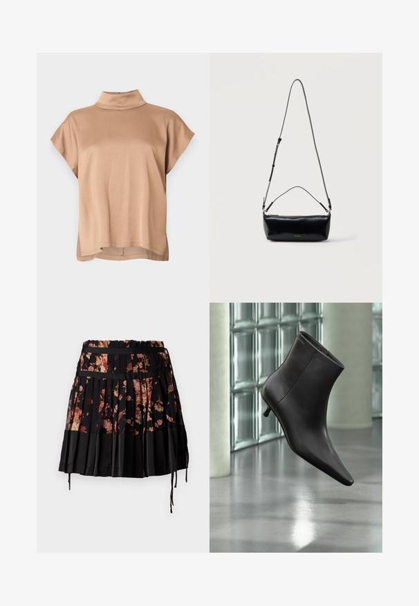 Kortærmet top i lysebrunt stof med høj krave, afslappet pasform og en kant, der er en smule længere bagpå. Glat tekstur.; Sort plisseret nederdel med blomstermotiv i nuancer af pink og orange, med en bred talje og justerbare snore i kanten.; Sort læderankelstøvle med spids tå og lille hæl vist mod en væg af glasblokke og poleret gulv baggrund.; Sort rektangulær læder crossbody-taske med justerbar skulderrem, top lynlås og lille gyldent Calvin Klein-logo foran.