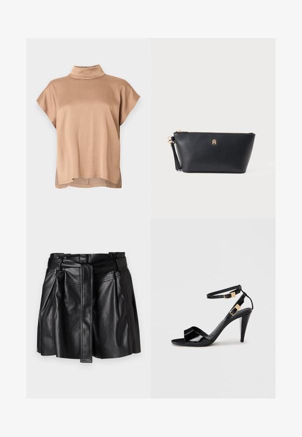 Haut à manches courtes en tissu marron clair, doté d'un col montant, d'une coupe décontractée et d'un ourlet légèrement plus long au dos. Texture lisse.; Mini-jupe en cuir noir avec taille ceinturée, design plissé, texture lisse et détails de couture. Coutures horizontales et verticales visibles.; Sandale à talon haut en cuir verni noir avec double bride de cheville et boucles dorées, bout ouvert, et talon effilé sur fond neutre.; Pochette en cuir noir avec une fermeture éclair dorée et un petit logo doré centré sur le devant, sur fond uni.