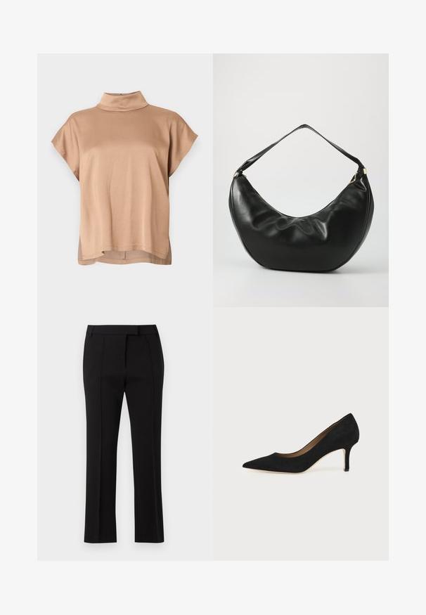 Haut à manches courtes en tissu marron clair, doté d'un col montant, d'une coupe décontractée et d'un ourlet légèrement plus long au dos. Texture lisse.; Pantalon noir ajusté en tissu lisse, avec taille mi-haute, plis à l'avant et coupe droite.; Escarpin en daim noir à bout pointu avec un talon stiletto fin de hauteur moyenne et un design à coupe basse sur un fond uni.; Sac à épaule en cuir noir, de forme courbée, avec une texture douce et une seule sangle; il comporte une fermeture éclair dorée et un logo discret.