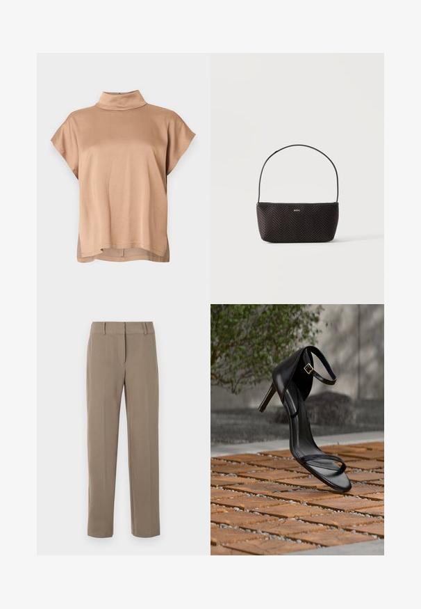 Haut à manches courtes en tissu marron clair, doté d'un col montant, d'une coupe décontractée et d'un ourlet légèrement plus long au dos. Texture lisse.; Pantalon kaki droit avec passants de ceinture et fermeture éclair frontale sur fond blanc.; Sandale noire à talon haut avec sangle à la cheville, suspendue au-dessus d'un sol en carreaux de bois à l'extérieur, avec un arrière-plan flou de verdure et de pierre.; Sac à main noir tissé texturé avec une seule bandoulière et un petit logo doré "BOSS" au centre devant.
