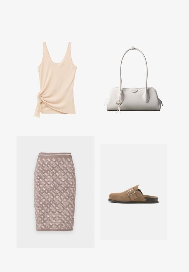 Mouwloze beige tanktop met een ronde halslijn en een geknoopte zijkant op een effen witte achtergrond.; Brede gebreide kokerrok in lichtbruin met een patroonontwerp in crème, voorzien van een geribbelde tailleband met een contrasterende lijn. Glad textuur.; Bruine suètes lakschoen met zwarte zool en verstelbare gesp, zijaanzicht op een effen witte achtergrond.; Witte Calvin Klein schoudertas met lange hengsels, rechthoekige vorm, ritssluiting en decoratieve logohanger bij het hengsel.