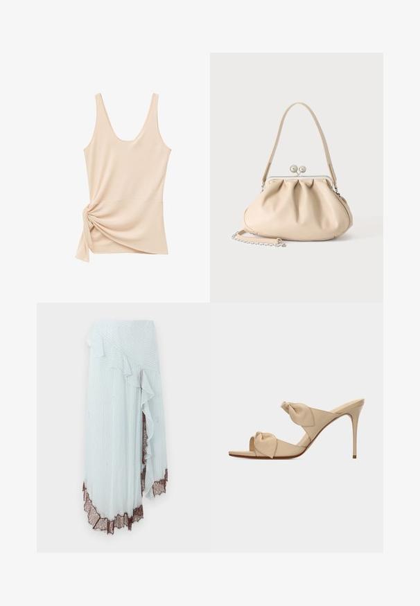 Mouwloze beige tanktop met een ronde halslijn en een geknoopte zijkant op een effen witte achtergrond.; Lichtblauwe wikkelrok met verticale witte strepen, voorzien van een gegolfde rand en ingewikkelde bruine kantafwerking aan de zoom.; Beige open-toe hoge hak mule sandaal met twee gedraaide knoopbanden en een smalle naaldhak op witte achtergrond.; Beige zachte leren handtas met een zilveren metalen frame sluiting, een enkele schouderriem en een optionele kettingriem op een witte achtergrond.