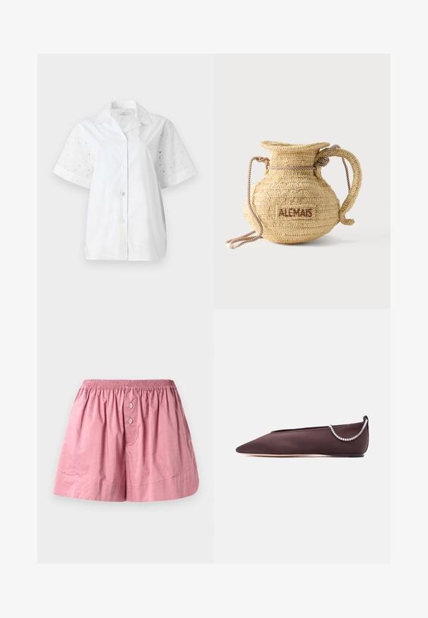 Hvid kortærmet skjorte med knaplukning foran. Hoveddelen er lavet af ensfarvet stof, mens ærmerne har et blomstret øjenlågdesign.; Lyserøde bomulds-soveshorts med elastisk talje, to frontknapper og en løs pasform. Stoffet er glat med en let krøllet tekstur.; Mørkebrun flad sko med spids tå, lav hæl og en sølvfarvet rhinstenkæde detalje bagpå.; Rund flettet stråtaske med håndtag af reb og "ALEMAIS" broderet på siden med brunt garn.