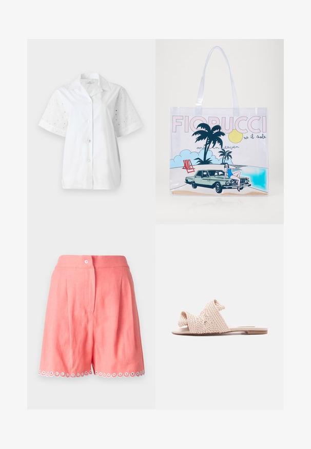 Hvid kortærmet skjorte med knaplukning foran. Hoveddelen er lavet af ensfarvet stof, mens ærmerne har et blomstret øjenlågdesign.; Lyserøde linnedshorts med plissee og bølget kant med hvide og blå accentcirkler. Inkluderer en frontlukning med knap.; Beige flad slidesandal med vævede brede remme, der krydser foden, og et åbent tådesign på en ensfarvet baggrund.; Gennemsigtig plastik tote bag med et farverigt grafisk design med palmer, en retro bil og en kvinde i badetøj, mærket "FIORUCCI."