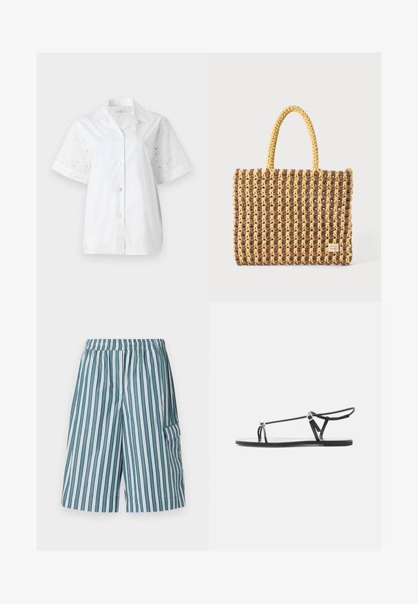 Camisa blanca de manga corta con botón en la parte delantera. El cuerpo principal es de tela lisa, mientras que las mangas presentan un diseño de ojal floral.; Pantalones cortos a rayas con cintura elástica, con rayas verticales verdes, blancas y azules alternas, y un bolsillo lateral. Tejido ligero.; Sandalia plana negra con tiras finas, una lazada para el dedo y una hebilla ajustable en el tobillo sobre un fondo gris claro.; Bolso tejido en marrón y amarillo, con forma rectangular, dos asas y un acabado texturizado con costuras visibles y una etiqueta de marca.