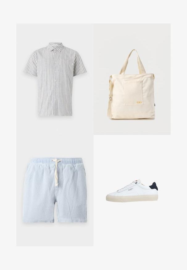 Kortærmet skjorte med knapper i hvid og blå lodrette striber, udstyret med en brystlomme og et klassisk kravedesign. Stoffet er en bomuldsblanding.; Lyseblå, stribede shorts lavet af blødt stof med elastisk talje og snor. Har sidelommer og en afslappet pasform.; Hvid lavtop-sneaker med beige sål, hvide snørebånd, sort hælkappe og "Pepe Jeans London"-logo på siden.; Kremfarvet lærredstote-taske med frontlomme, to håndtag, justerbar skulderrem og lille gul "O.N.S" tekst i nederste højre hjørne af lommen.