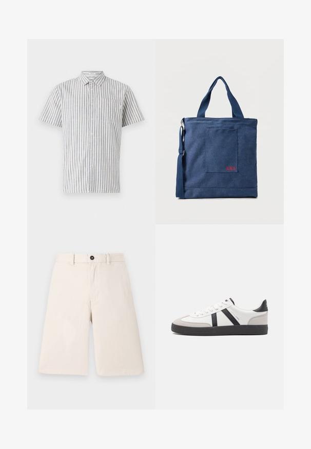 Chemise à manches courtes à boutons en rayures verticales blanches et bleues, avec une poche poitrine et un col classique. Tissu en mélange de coton.; Shorts en coton beige au design droit, dotés d'une fermeture par bouton et de passants de ceinture. Texture lisse sans motifs ni accents.; Baskets blanches avec des accents noirs et gris, présentant un embout texturé gris, une semelle en caoutchouc noir et des lacets plats blancs. Design épuré, style minimaliste.; Sac fourre-tout en toile bleue avec poche frontale et broderie rouge "O.N.S", doté de doubles poignées et d'une bandoulière réglable.