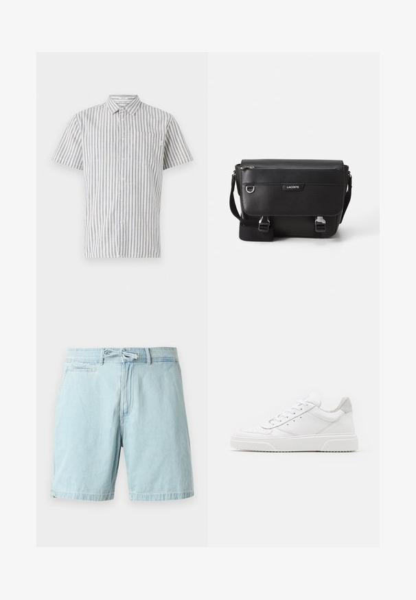 Kortærmet skjorte med knapper i hvid og blå lodrette striber, udstyret med en brystlomme og et klassisk kravedesign. Stoffet er en bomuldsblanding.; Lyseblå denimshorts med elastisk talje og snøre detaljer, med sidelommer og en afslappet pasform. Glat tekstur, casual design.; Hvide lædersneakers med en glat finish, rund tå, flade snørebånd og en struktureret sål. Grå ruskindsdetalje ved hælen.; Sort tekstureret Lacoste messengertaske med justerbar rem, frontklap, lynlås lomme og metalspænder.