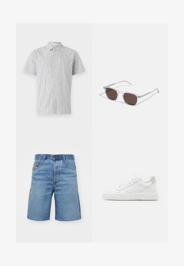 Chemise à manches courtes à boutons en rayures verticales blanches et bleues, avec une poche poitrine et un col classique. Tissu en mélange de coton.; Shorts en denim bleu clair avec une coupe classique, un léger délavage, un design à cinq poches et des coutures couleur cuivre. Comprend une fermeture à bouton à l'avant.; Des baskets en cuir blanc avec une finition lisse, un bout rond, des lacets plats et une semelle texturée. Accents en daim gris au niveau du talon.; Lunettes de soleil en plastique transparent avec des verres marron rectangulaires, dotées de branches fines et transparentes ainsi que d'accents en métal sur les tempes.