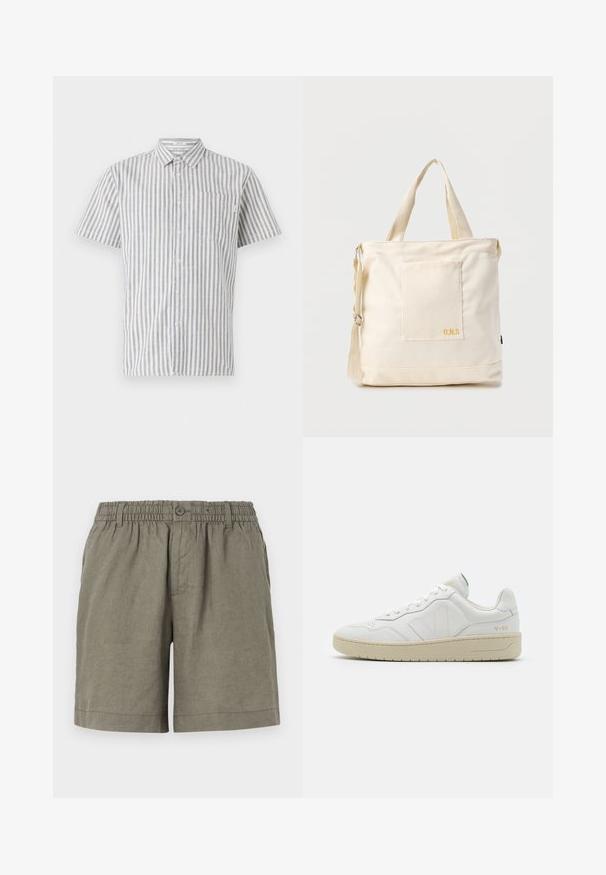 Kortærmet skjorte med knapper i hvid og blå lodrette striber, udstyret med en brystlomme og et klassisk kravedesign. Stoffet er en bomuldsblanding.; Khaki shorts i letvægtsstof med elastisk talje og knaplukning. Har et lige ben design og optrukket kant.; Hvide lædersneakers med struktureret overflade og polstret krave. Har en beige gummisål og diskret branding på hælen og siden.; Kremfarvet lærredstote-taske med frontlomme, to håndtag, justerbar skulderrem og lille gul "O.N.S" tekst i nederste højre hjørne af lommen.