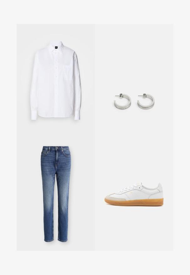 Hvid skjorte med knapper lavet af bomuld, med klassisk krave, lange ærmer, en brystlomme og en glat, sprød tekstur.; Mellemblå højtaljede straight-leg jeans med forlommer, bæltestropper, knappelukning og subtile falmede detaljer på lår og knæ.; Hvide lædersneakers med beige ruskindsdetaljer, gummisål og snøredesign. Har diskret branding i guld.; Sølvøreringe i hoop-stil med en glat overflade og en række små klare sten langs den nederste kant, med en post-back lukning.
