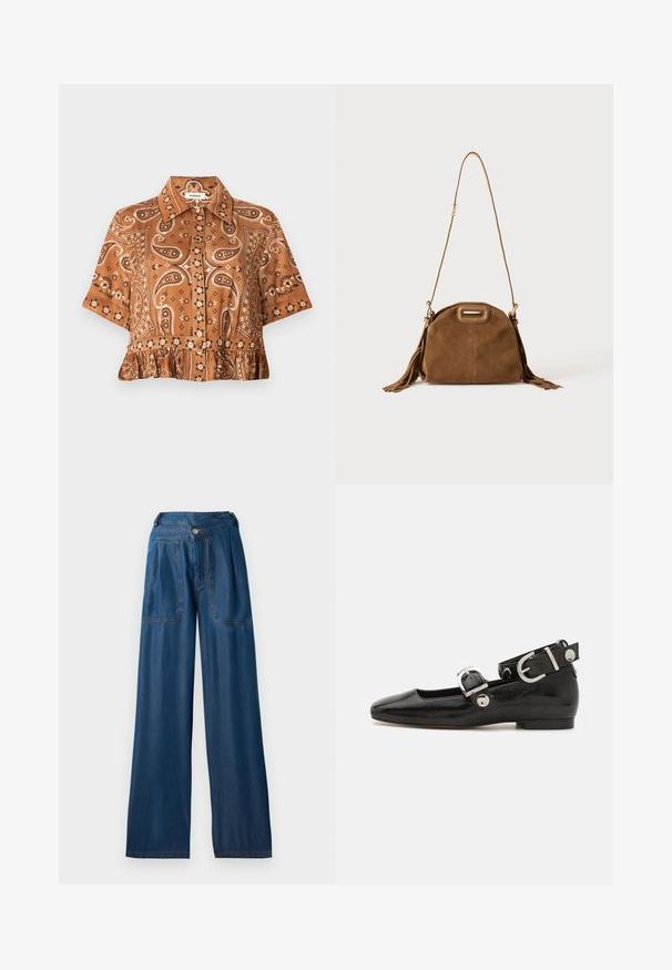 Bruin blouse met korte mouwen, bedrukt met paisley- en bloemmotieven, knoopsluiting aan de voorkant, puntige kraag en een gerimpelde zoom.; Donkerblauwe wijde jeans van denim, met twee voorzakken, een knoopsluiting en contrasterende oranje stiksels.; Zwarte gepatineerde leren platte schoen met een vierkante neus, enkelband met zilverkleurige hardware en platte zool. Gladde textuur met minimalistisch ontwerp.; Bruine suède schoudertas met lange band, rechthoekige handgreep uitsparing en kwastdetails aan de zijkanten tegen een witte achtergrond.