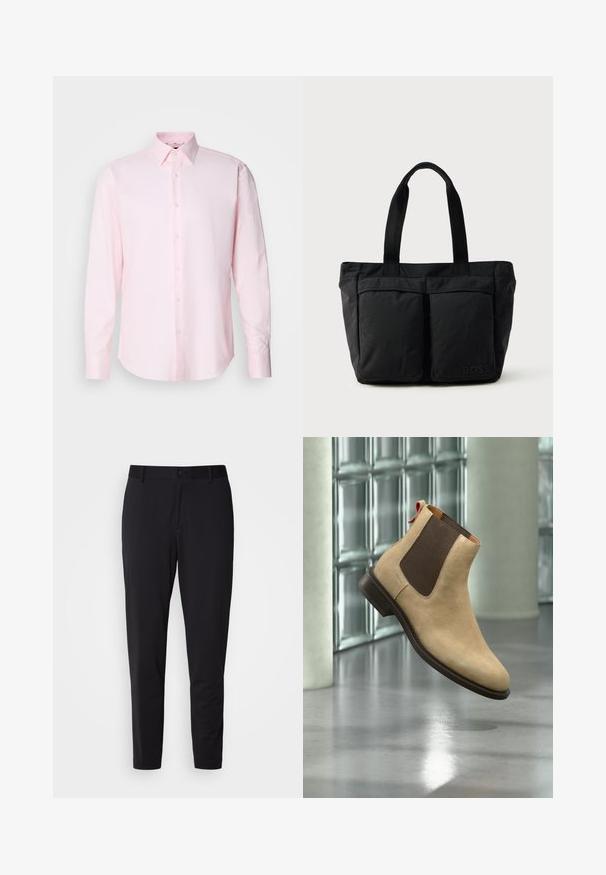 Helles rosa Langarmhemd aus strukturiertem Stoff, mit einem klassischen Kragen und Knopfverschluss vorne.; Schwarze Hose aus strukturiertem Stoff, mit geradem Schnitt, normalem Bund mit einem Knopf und seitlichen Taschen.; Beiger Veloursleder-Chelsea-Stiefel mit dunkelbraunem elastischem Seiteneinsatz und Zuglasche, schwebend über einem reflektierenden, polierten Boden innen gezeigt.; Schwarze Tragetasche aus weichem Stoff, mit zwei vorderen Taschen und stabilen Tragegriffen. Logo an der Seite angebracht. Einfaches, funktionales Design.