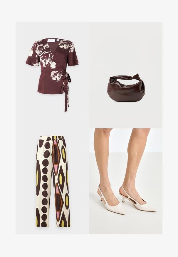 Blouse portefeuille marron avec motif floral abstrait blanc, manches courtes, col en V et ceinture à nouer sur le côté, sur fond uni.; Pantalons à taille élastique en tissu léger, avec un fond crème et de grands motifs géométriques marron, jaune, rose et orange.; Escarpins à talon slingback en cuir verni beige avec un bout pointu et un talon de 5 cm, présentant des côtés découpés et une fine bride à la cheville.; Sac bandoulière en cuir marron foncé avec une forme souple et décontractée et une anse nouée torsadée sur un fond blanc uni.