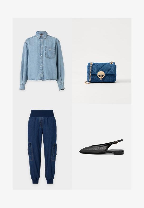 Lichtblauw denim overhemd met lange mouwen, knopen, kraag en borstzak met een klein hartvormig detail.; Denim joggers met een brede elastische tailleband, twee zijvakken met klep en ribgebreide enkels; donkere blauwe kleur met contrasterende stiksels.; Zwarte slingback platte schoen met puntige neus, mesh bovenwerk, verstelbare gespsluiting en lage gestapelde hak op witte achtergrond.; Vanessa Bruno MOON - Handtas - indigo