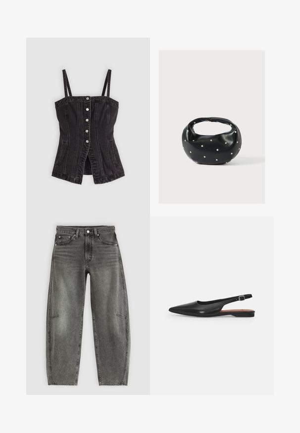 Sort denim bustier-top med justerbare stropper, fem sølvknapper foran, lodrette syninger og sidelommer. Glat tekstur.; Højtaljede gråvaskede denimjeans med fem lommer, knaplukning og en afslappet lige pasform.; Sorte læder slingback sko med spidse tæer, subtil glans og justerbar ankelrem. Flad hæl med en brun indersål.; Sort læderhåndtaske med en rundet form, dekoreret med sølvnitter, og et kort håndtag. Glat tekstur og lynlåslukning.