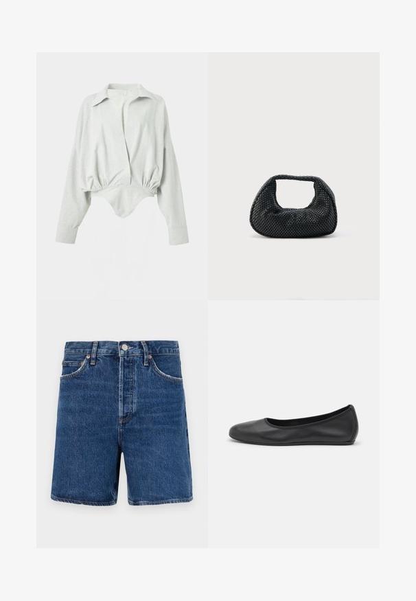 Lysegrå langærmet body med åben krave, løs pasform top og elastisk talje.; Mørkeblå denim shorts i klassisk snit, med fem lommer, knaplukning og kontrasterende orange syninger.; Sort læderballetsko med rund tå, glat tekstur, minimal syning og et fleksibelt såldesign.; Sort flettet hobo-taske med blød struktur og integreret håndtag, vist på en ensfarvet lys baggrund.