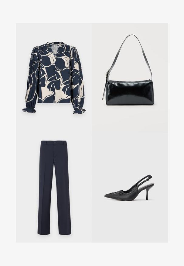 Blusa con estampado en azul marino y crema, manga larga, cierre con botones y puños con volantes. Presenta un diseño floral abstracto sobre tela ligera.; Pantalones rectos de color azul marino, confeccionados con una tela suave. Presentan un cierre frontal con botones y bolsillos laterales. Diseño sencillo y moderno.; Sandal de tacón stiletto negro de cuero con punta afilada, correa lateral con hebilla, tachuelas a lo largo del borde y cordones decorativos en la parte delantera.; Bolso de hombro rectangular negro con una correa ajustable y un cierre de cremallera superior sobre un fondo liso.