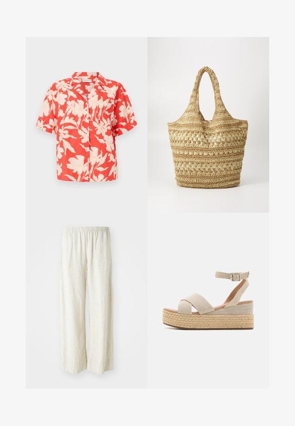 Kortærmet skjorte med knapper, rødt fundament og stort hvidt blomsterprint, med krave og knapper foran.; Lette bredde-bukser i offwhite med elastisk talje, der har en åndbar tekstur og lige ben.; Beige espadrille platform sandaler med vævet tekstiloverdel, krydsede stropper, ankelspænde og struktureret jute-indpakket sål.; Vævet stråtaske med dobbelte håndtag, der har et tekstureret, åbent vævemønster og en naturlig beige farve, velegnet til afslappet brug.