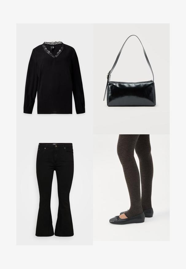 Blouse noire à manches longues avec un col en V bordé de dentelle noire, présentant un détail légèrement froncé aux poignets.; Jeans évasés noirs en mélange de coton extensible, dotés d'un design classique à cinq poches et d'accents en métal doré à l'avant.; Jambes portant des leggings côtelés foncés associés à des ballerines noires avec de petits détails en nœud sur fond blanc.; Sac d'épaule rectangulaire noir avec une sangle réglable unique et une fermeture éclair supérieure sur un fond uni.
